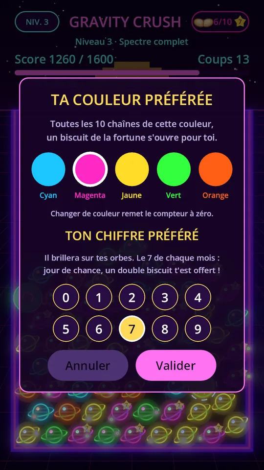 Choix de sa couleur et de son chiffre préférés.