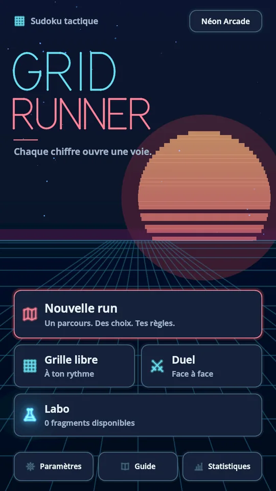 Accueil en style Néon Arcade : Nouvelle run, Grille libre, Duel, Labo.