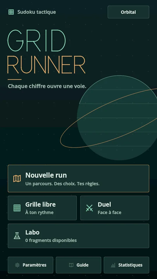 Accueil en style Orbital : planète rayée, orbite ambre sur fond vert nuit.