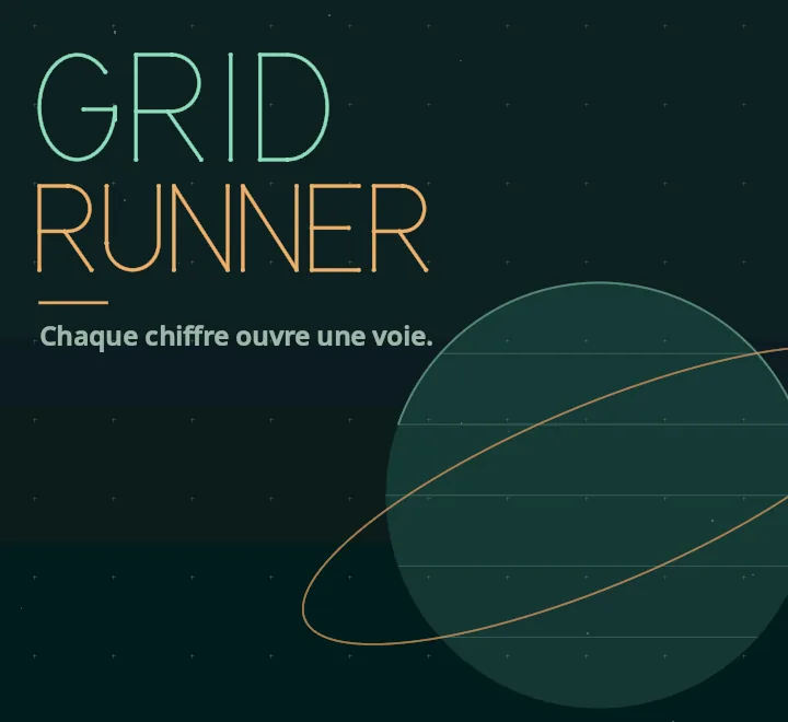 Accueil de Grid Runner en style Orbital : le logo vert et ambre, une planète rayée.