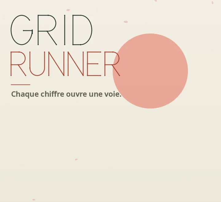 Accueil de Grid Runner en style Papier Zen : le logo en traits fins, un soleil terracotta.