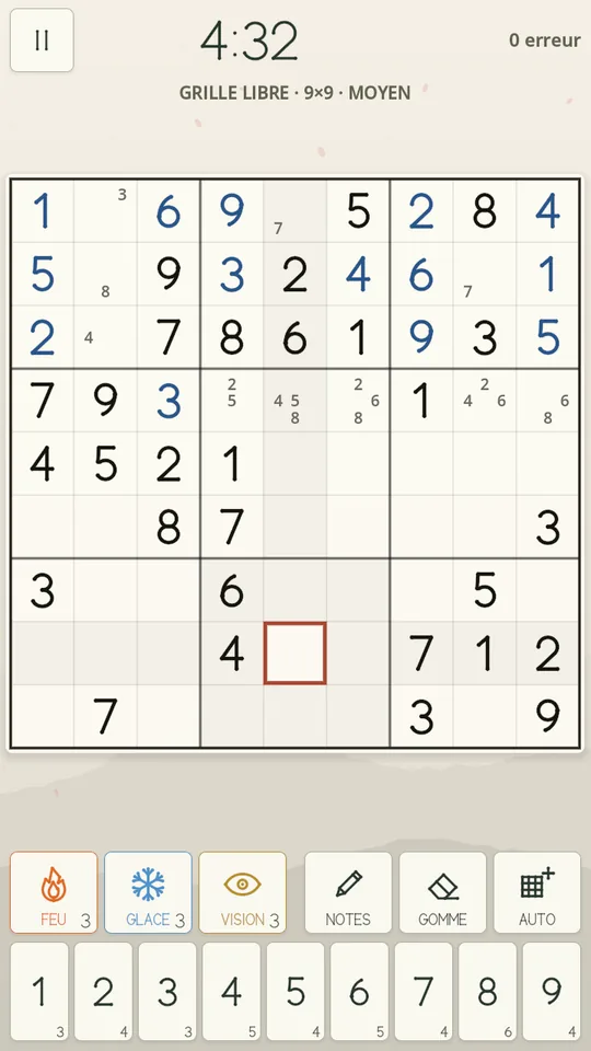 Grille de sudoku en style Papier Zen, encre sur papier.