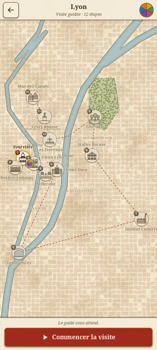 Le plan dessiné de Lyon : la Saône, le Rhône et les douze étapes de la visite.