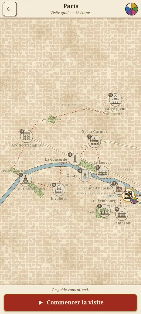 Le plan dessiné de Paris : douze étapes reliées par un itinéraire pointillé.