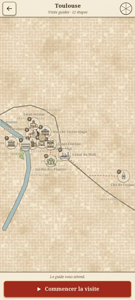 Le plan dessiné de Toulouse et ses douze étapes.
